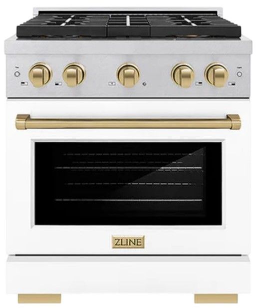 ZLINE Autograph Edition Paramount 30" 4.2 Cu. Ft. Satin Stainless Steel Gas Range with 4 Burner DuoPro™ Cooktop, Convection Gas Oven, White Matte Door and Champagne Bronze Accents-0