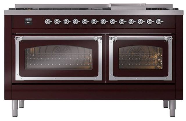 Ilve® Nostalgie II Noblesse 60'' Burgundy Pro Style Dual Fuel Range with Chrome Trim-1