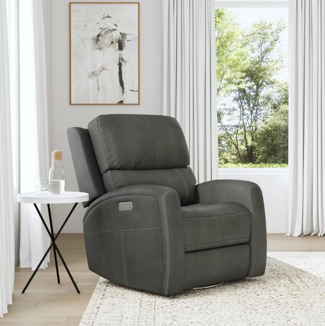 Flexsteel® Linden Charcoal Leather Power Swivel Gliding Recliner with Power Headrest, Lumbar, Heat and Massage-2