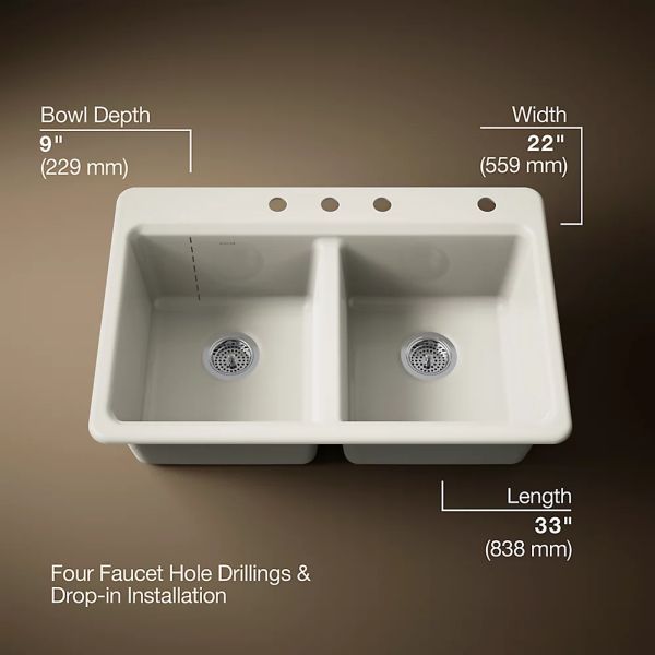 KOHLER® Riverby® Biscuit 33" 4-Faucet Hole Top-Mount Double-Equal Bowl Kitchen Sink-3