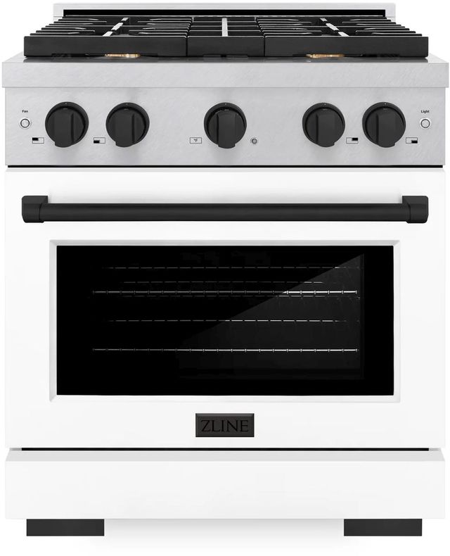 ZLINE Autograph Edition Paramount 30" Satin Stainless Steel Pro Style Dual Fuel Range with White Matte Door and Matte Black Accents-0