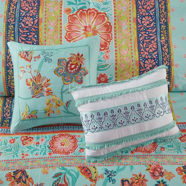 Olliix by Intelligent Design Ophelia Aqua Full/Queen Boho Printed Comforter Set-3