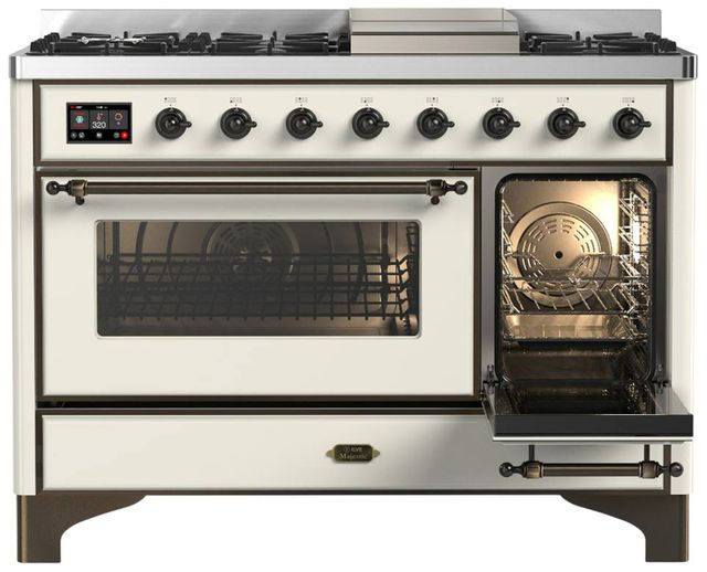 Ilve® Majestic III 48" Antique White Pro Style Dual Fuel Liquid Propane Range with Triple Glass Door and Burnished Trim-2
