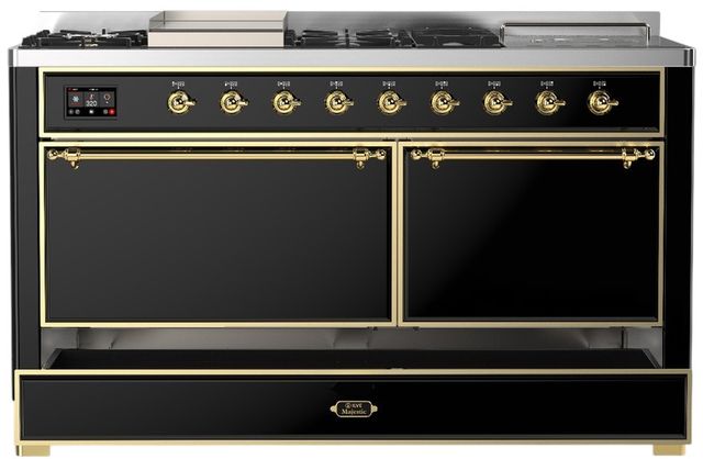 Ilve® Majestic III 60" Glossy Black Pro Style Dual Fuel Natural Gas Range with Griddle and Brass Trim-2