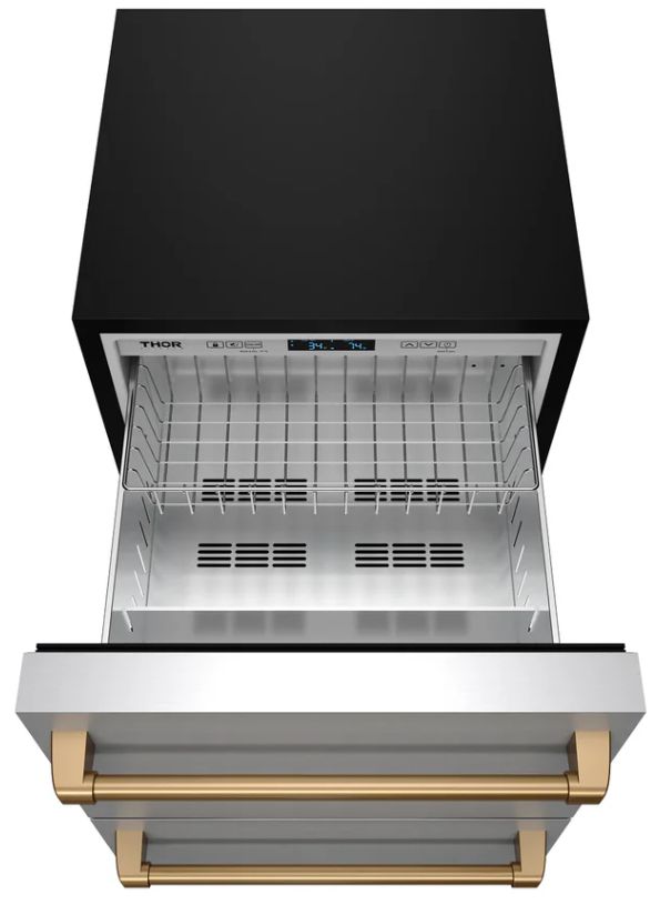 Thor Kitchen® Gordon Ramsay 24" 5.4 Cu. Ft. Stainless Steel Under-Counter Outdoor Freestanding Freezer Drawer with Bronze Handle-1
