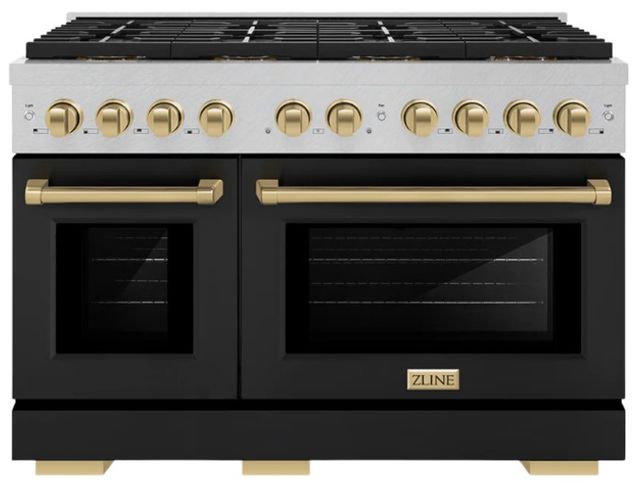 ZLINE Autograph Edition Paramount 48" 6.7 Cu. Ft. Satin Stainless Steel Dual Fuel Range with 8 Burner DuoPro™ Cooktop and Dual Ovens with Black Matte Doors and Champagne Bronze Accents-0