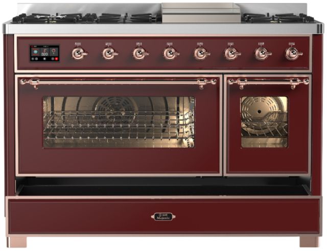 Ilve® Majestic III 48" Burgundy Pro Style Dual Fuel Natural Gas Range with Triple Glass Door and Copper Trim-1