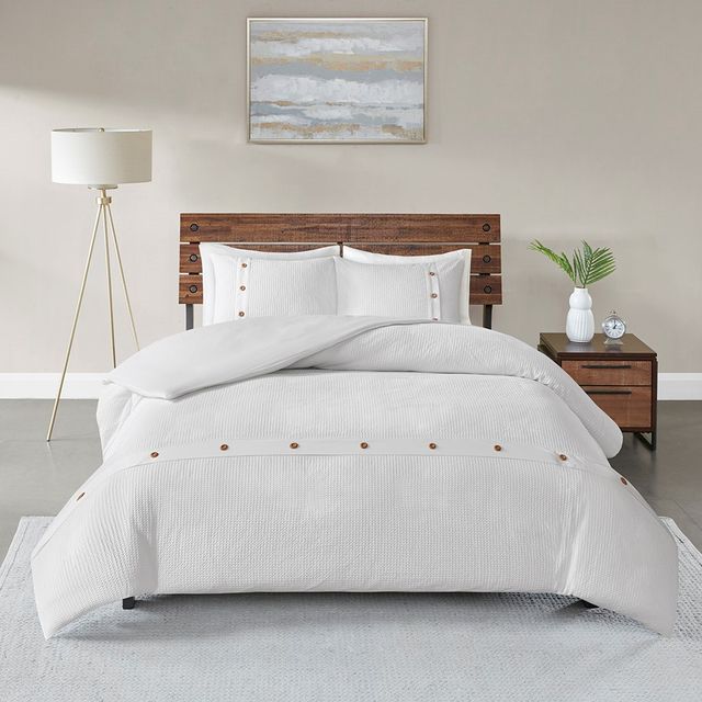 Olliix by Madison Park 3 Piece White King/California King Finley Cotton Waffle Weave Duvet Cover Set-0