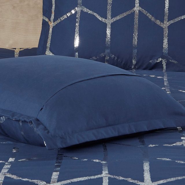 Olliix by Intelligent Design Raina Navy and Silver Full/Queen Metallic Printed Comforter Set-3