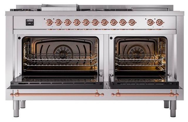 Ilve® Nostalgie II Noblesse 60'' Stainless Steel Pro Style Dual Fuel Range with Copper Trim-1