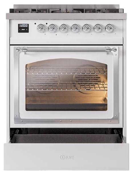 Ilve® Nostalgie II Noblesse 30" White Pro Style Dual Fuel Range with Chrome Trim-3