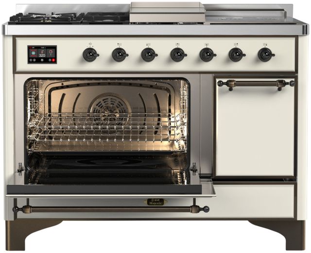 Ilve® Majestic III 48" Antique White Pro Style Dual Fuel Liquid Propane Range with 5 Black Brass Burners and Burnished Trim-2