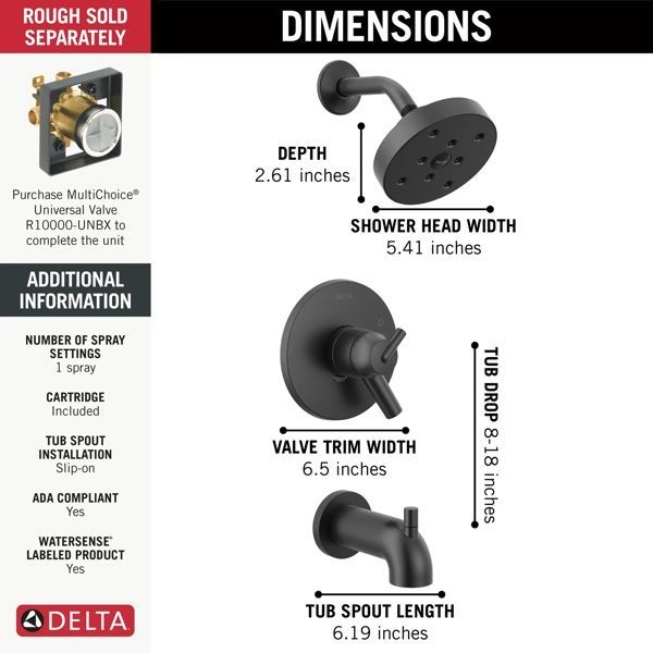 Delta Trinsic® Monitor® 17 Series H2Okinetic® Matte Black Tub and Shower Trim-2