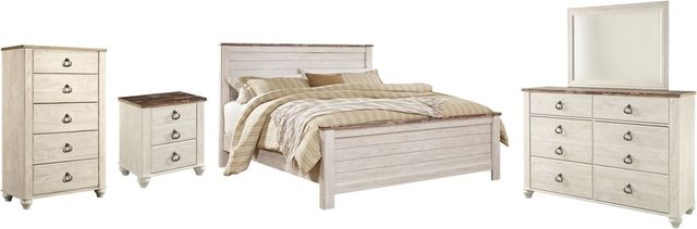 Signature Design by Ashley® Willowton 5-Piece Whitewash California King Panel Bed Set-0