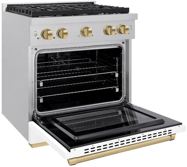 ZLINE Autograph Edition Paramount 30" Satin Stainless Steel Pro Style Dual Fuel Range with White Matte Door and Champagne Bronze Accents-3