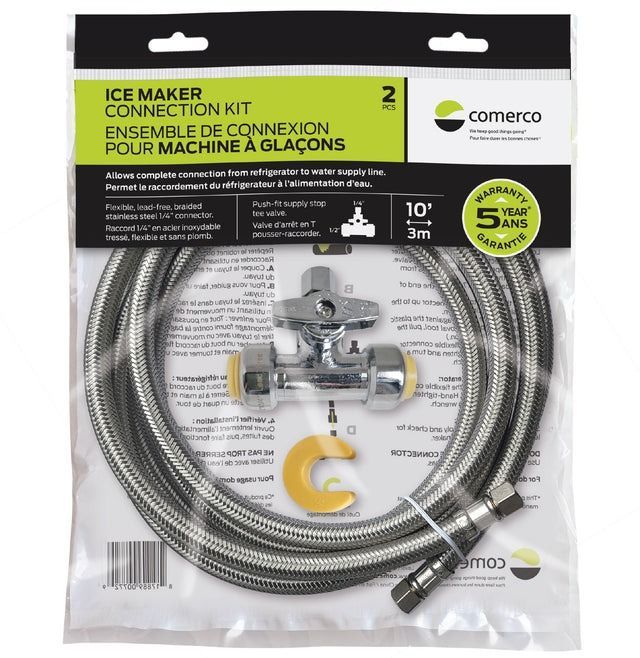 Comerco 10' / 3 m Ice Maker Connection Kit - Braided Stainless Steel, Lead Free-0