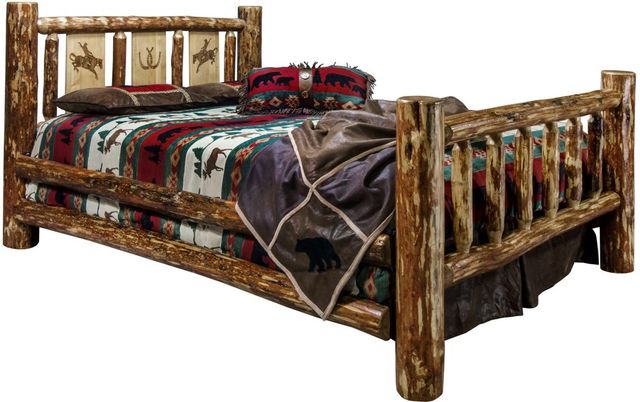Montana Woodworks® Glacier Country Stain & Clear Lacquer King Bed with Laser Engraved Bronc Design-0