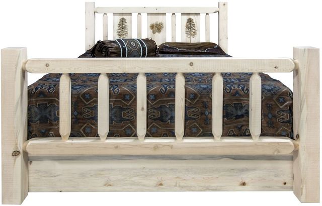 Montana Woodworks® Homestead Clear Lacquer Twin Storage Bed with Laser Engraved Pine Design-1