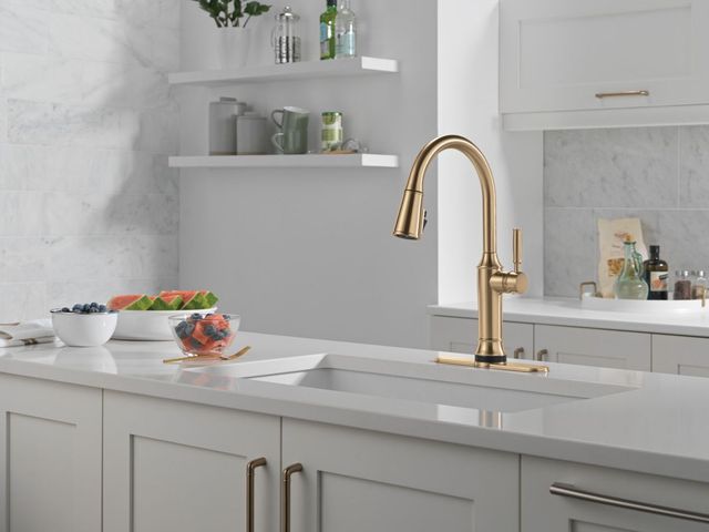 Delta Renaldi® Lumicoat® Champagne Bronze Touch2O® Technology Spring Kitchen Faucet with Touchless Technology-1