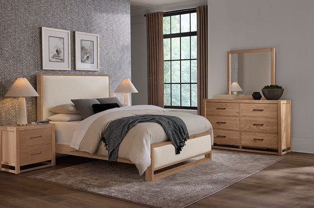 Vaughan-Bassett Lodge & Loft Blond Oak/Ivory Cream Upholstered King Panel Bed-1