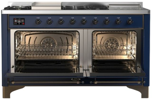 Ilve® Majestic III 60" Midnight Blue Pro Style Dual Fuel Natural Gas Range with French Top and Burnished Trim-1