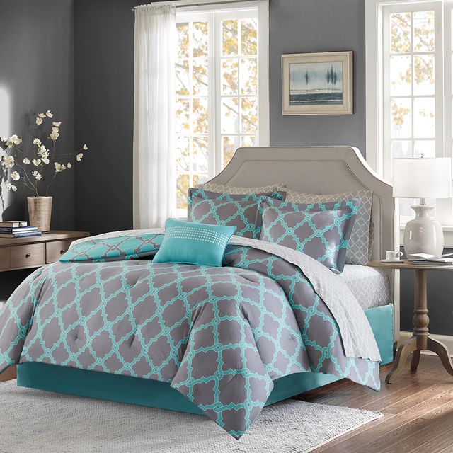 Olliix by Madison Park Essentials Merritt Aqua Grey Queen Reversible Complete Comforter and Cotton Sheet Set-1