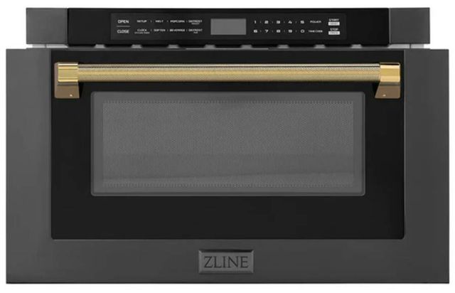 ZLINE Autograph Edition 24" 1.2 Cu. Ft. Black Stainless Steel Built-in Microwave Drawer with Polished Gold Helix Handle-3