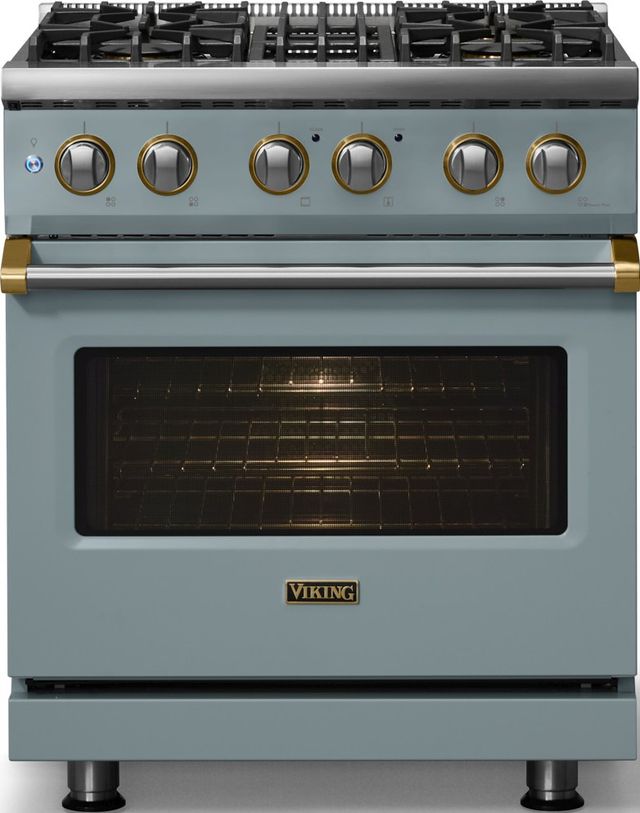 Viking® 5 Series 30" November Sky Pro Style Dual Fuel (NG) Range with Brushed Brass Trim-2