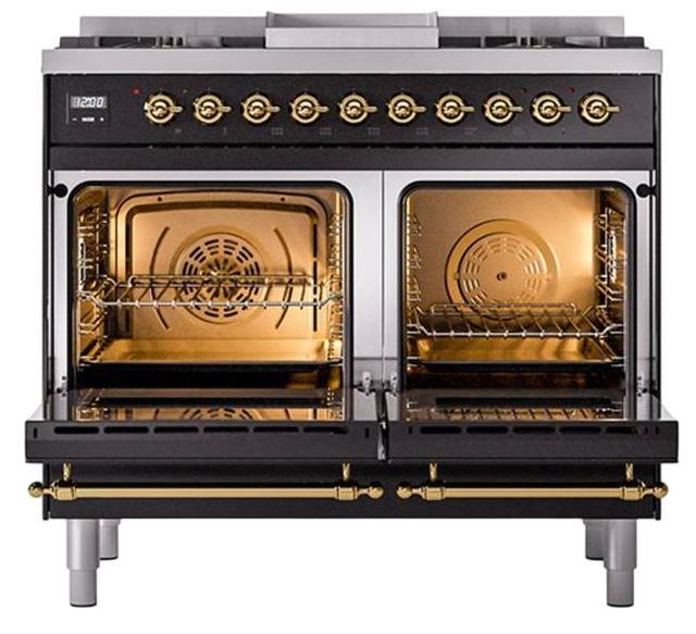 Ilve® Nostalgie II Noblesse 40'' Glossy Black Pro Style Dual Fuel Range with Brass Trim-2