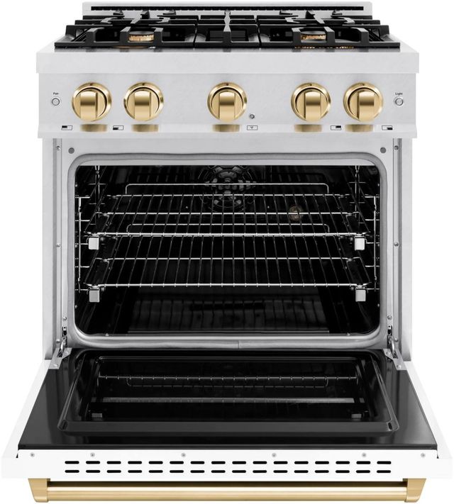 ZLINE Classic Autograph Edition 30" Satin Stainless Steel Pro Style Dual Fuel Range with White Matte Door and Polished Gold Accents-1