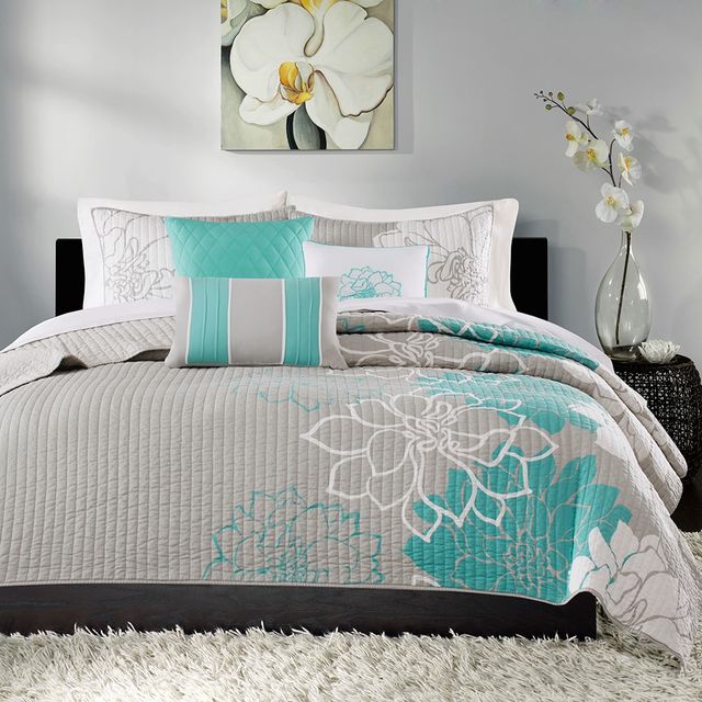 Olliix by Madison Park 6 Piece Aqua King/California King Lola Reversible Cotton Printed Coverlet Set-1