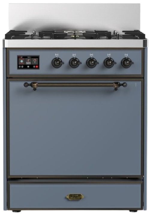 Ilve® Majestic III 30" Blue Gray Pro Style Dual Fuel Liquid Propane Range with 5 Black Brass Burners and Burnished Trim-0