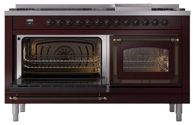 Ilve® Nostalgie II Noblesse 60'' Burgundy Pro Style Dual Fuel Range with Burnished Trim-3