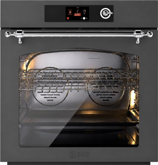 Ilve Nostalgie II 30” Graphite Matte Pyrolytic Single Electric Wall Oven with Chrome Trim