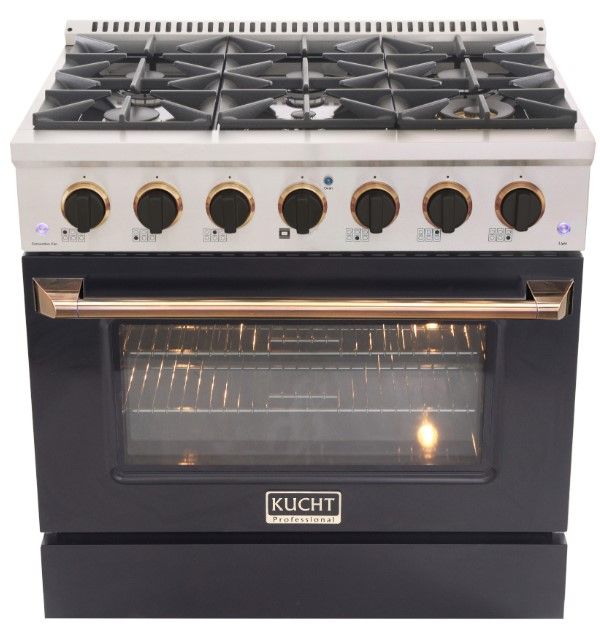 Kucht Professional KNG Series 36" Stainless Steel Pro Style Natural Gas Range with Black Door and Gold Handle-0