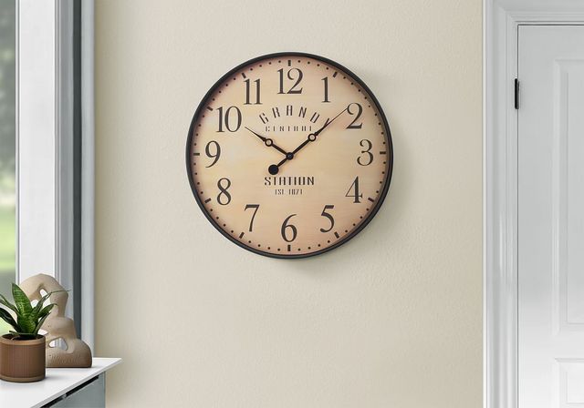 Monarch Specialties Inc. Antique Brown 20" Round Wall Clock with Standard Numbers on Distressed Prin-2