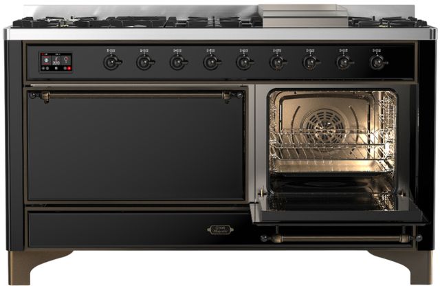 Ilve® Majestic III 60" Glossy Black Pro Style Dual Fuel Natural Gas Range with Solid Door and Burnished Trim-3