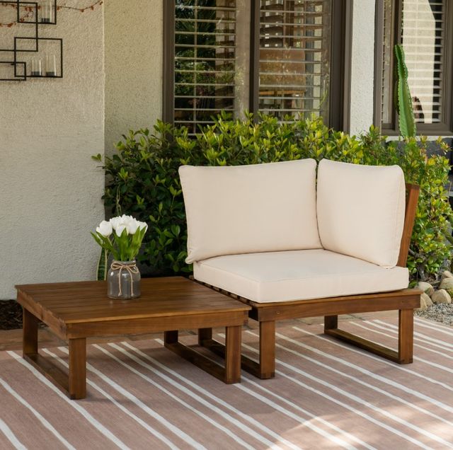 Linon Sea Breeze 2-Piece Beige/Brown Wooden Outdoor Table and Corner Chair with Cushion Set-1