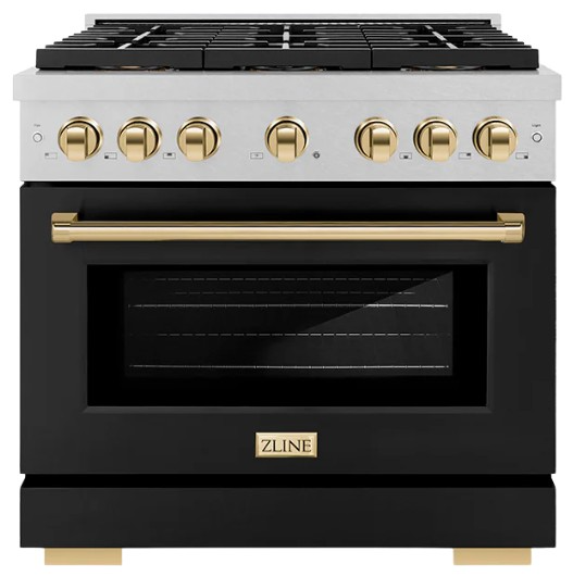 ZLINE Autograph Edition 36 in. 5.2 cu. ft. Paramount Dual Fuel Range with 6 Burner DuoPro™ Cooktop and Electric Convection Oven in Satin Stainless Steel with Black Matte Door and Polished Gold Accents (PSDRSZ-BLM36-G)
