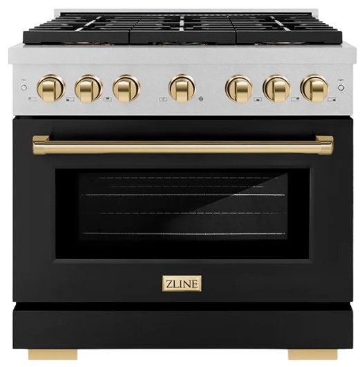 ZLINE Autograph Edition Paramount 36" 5.2 Cu. Ft. Satin Stainless Steel Dual Fuel Range with 6 Burner DuoPro™ Cooktop and Electric Convection Oven with Black Matte Door and Polished Gold Accents-0