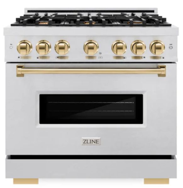 ZLINE Classic Autograph Edition 36" Satin Stainless Steel Pro Style Gas Range with Polished Gold Accents-0