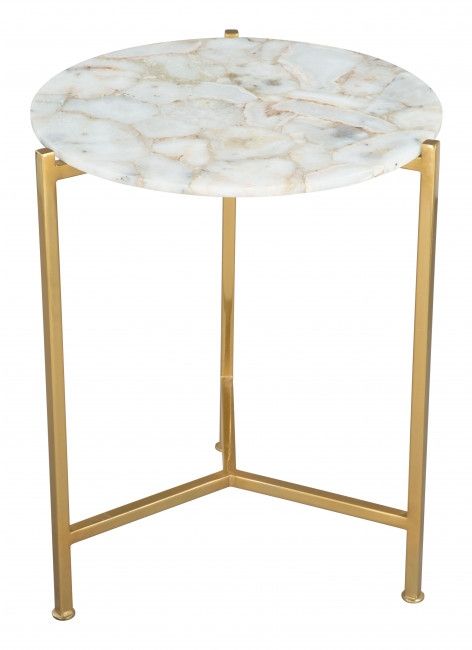 Zuo® Modern Haru White Stone Side Table with Gold Framework -0