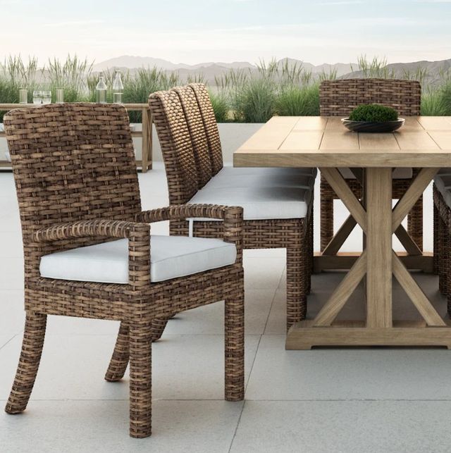 Sunset West Havana Aged Tobacco Resin Wicker Outdoor Dining Arm Chair with Canvas Flax Cushion-2