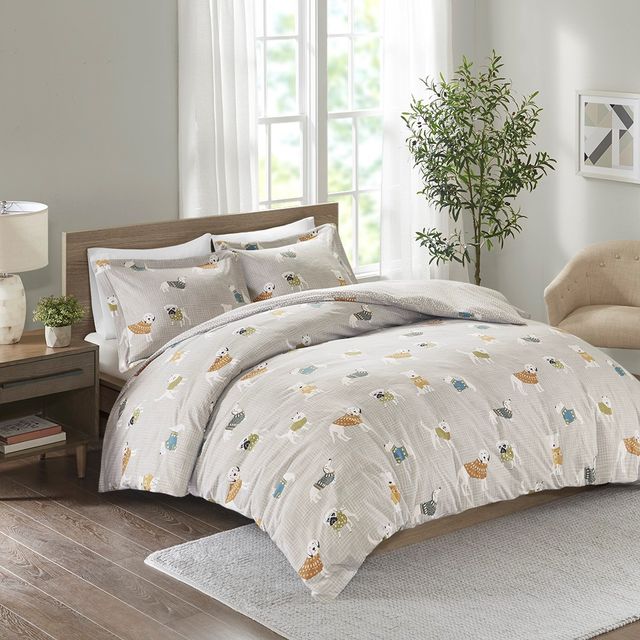 Olliix by True North by Sleep Philosophy Grey Dogs King/California King Cozy Flannel Duvet Set-1
