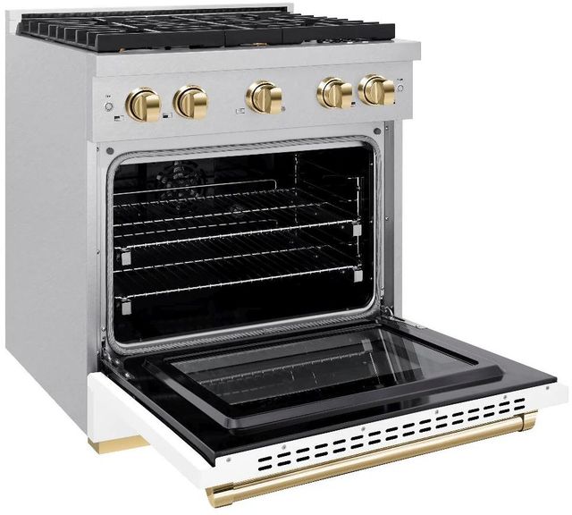 ZLINE Autograph Edition Paramount 30" Satin Stainless Steel Pro Style Dual Fuel Range with White Matte Door and Polished Gold Accents-3