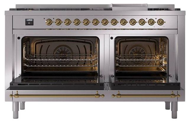 Ilve® Nostalgie II Noblesse 60'' Stainless Steel Pro Style Dual Fuel Range with Brass Trim-2