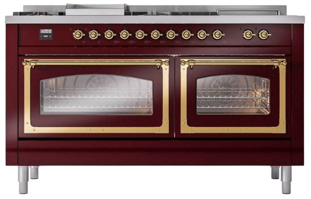 Ilve® Nostalgie II Noblesse 60'' Burgundy Pro Style Dual Fuel Range with Brass Trim-1