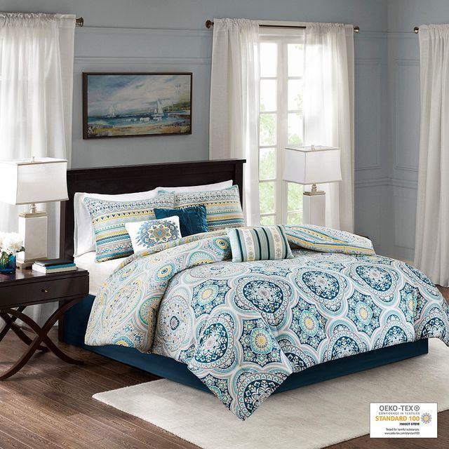 Olliix by Madison Park 7 Piece Teal King Mercia Reversible Cotton Sateen Comforter Set-1