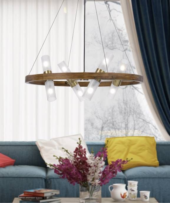 Cal® Lighting & Accessories Hempstead Antique Brass/Wood Cylinder Chandelier-2
