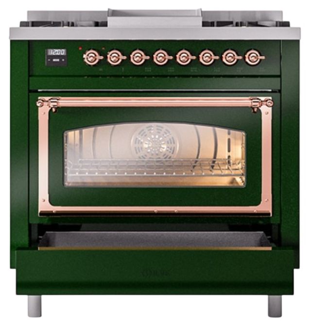 Ilve® Nostalgie II Noblesse 36'' Emerald Green Pro Style Dual Fuel Range with Copper Trim-3